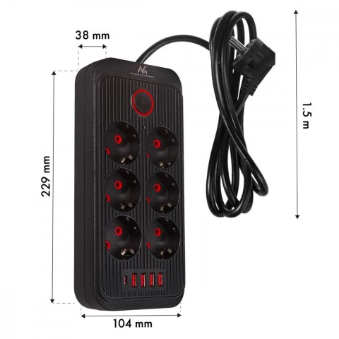 Listwa zasilająca MCE389 B 6 gniazd 4xUSB-A, 1xUSB-C 110-240V AC 50/60Hz, 2.1A max 2500W, czarna