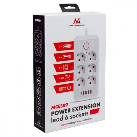 Listwa zasilająca MCE389 B 6 gniazd 4xUSB-A, 1xUSB-C 110-240V AC 50/60Hz, 2.1A max 2500W, czarna
