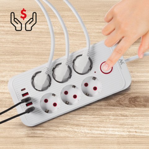 Listwa zasilająca MCE389 W 6 gniazd 4xUSB-A 1xUSB-C 110-240V, AC 50/60Hz, 2.1A max 2500W biała