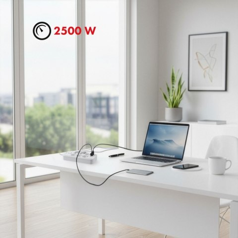 Listwa zasilająca MCE389 W 6 gniazd 4xUSB-A 1xUSB-C 110-240V, AC 50/60Hz, 2.1A max 2500W biała