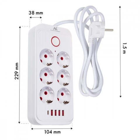 Listwa zasilająca MCE389 W 6 gniazd 4xUSB-A 1xUSB-C 110-240V, AC 50/60Hz, 2.1A max 2500W biała
