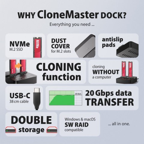 ADSA-M2C22L Stacja dokująca USB-C 3.2 Gen2x2 - 2 x NVMe M.2 20Gbps
