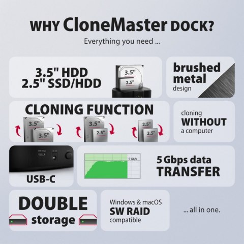 ADSA-SC Stacja dokująca, USB 3.2 Gen 1 - 2x SATA 6G 2.5"/3.5" SSD/HDD CLONE DUAL