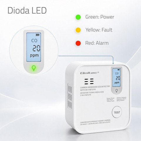Czujnik tlenku węgla (czadu) | detektor CO | TUYA | Wi-Fi | LED