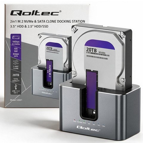 Stacja dokująca 2w1 HDD SSD | SATA | M.2 NVMe | Klonowanie | USB-C | 10Gb/s | 28TB