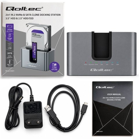 Stacja dokująca 2w1 HDD SSD | SATA | M.2 NVMe | Klonowanie | USB-C | 10Gb/s | 28TB